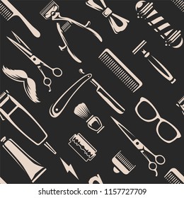 Barber Tools Seamless Texture. White barber tools on black background retro style vector art.