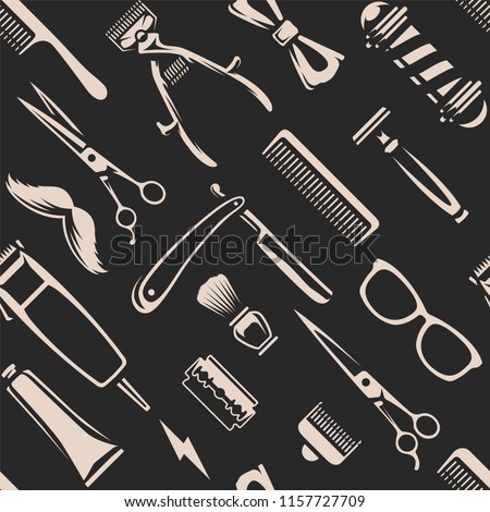 Barber Tools Seamless Texture. White barber tools on black background retro style vector art.