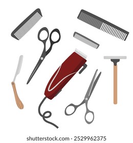 Barber Tools Set Illustration: Clippers, Scissors, Razors, and Combs for Haircuts and Grooming