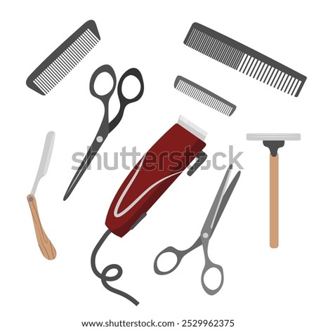 Barber Tools Set Illustration: Clippers, Scissors, Razors, and Combs for Haircuts and Grooming