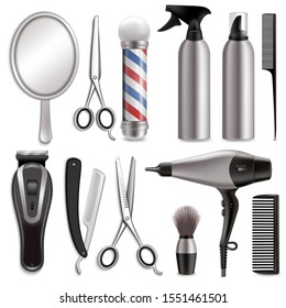 Barber tools set, vector isolated illustration. Mirror, scissors, comb, hairdryer, hair clipper other hairdressing accessories. Barbershop, haircut, beard grooming concept for logo, poster, banner etc