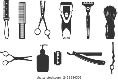 Barber tools silhouette, Barbershop tools, Hairdressing tools set, Barbershop equipments silhouette, Salon tools silhouette