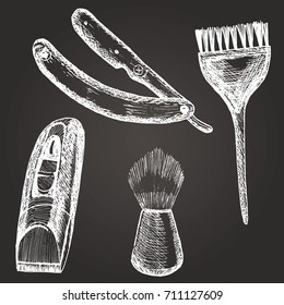 Barber tools in sketch style. For print, shop and creative design. Vector illustration. 