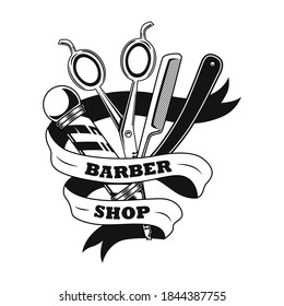 Barber tools vector illustration. Scissors, shaving razor, pole and ribbon with text sample. Hairstyle concept for barbershop or salon label template