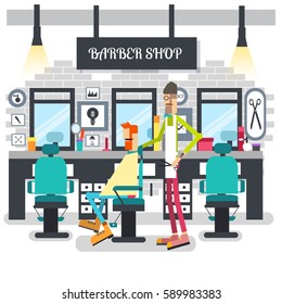 Barber trimmed client vector illustration. Stylish hair salon or barber shop design background concept. 