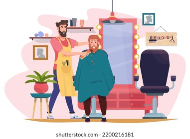 Barber trimming client’s beard with a razor. Barbershop interior. Man sitting in the chair near the mirror. Shaving. Flat vector illustration.