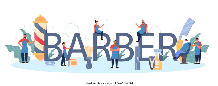 Barber typographic header concept. Idea of hair and beard care. Scissors and brush, shampoo and haircut process. Hair treatment and styling. Isolated flat illustration