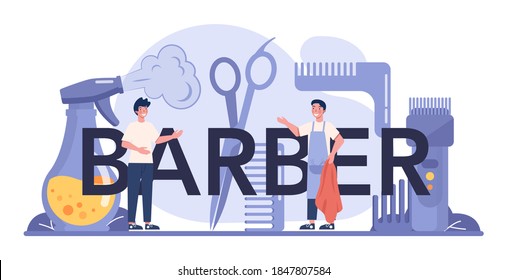 Barber typographic header. Idea of hair and beard care. Scissors and brush, shampoo and haircut process. Hair treatment and styling. Isolated flat illustration