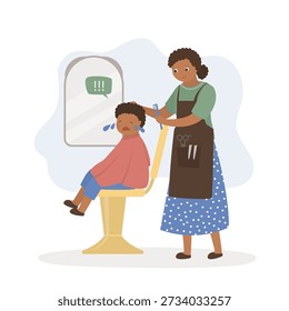 Barber uses scissors and comb for boy kid haircut. Barber trimming the hairs of unhappy baby. Child crying. Barbershop. flat vector illustration