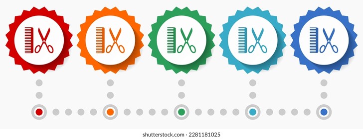 Juego de iconos de vectores de barbero, plantilla de infografía colorida, conjunto de iconos de placa de diseño plana en 5 opciones de color