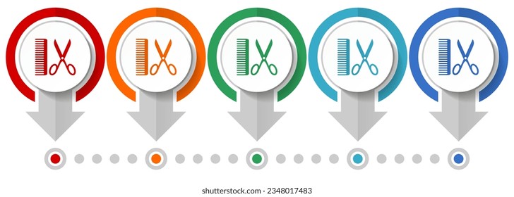 Barber vector icon set, flat design infographic template, set pointer concept icons in 5 color options for webdesign and mobile applications
