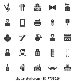 Barber vector icons set, modern solid symbol collection, filled style pictogram pack. Signs, logo illustration. Set includes icons as straighten, hair brush, barber shop, spray bottle, make up mirror