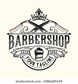 Barbier Vintage Logo. Barbier-Stab und Rasierer , Klassisches Barbier-Etikett, Herren-Haarschnitt-Symbol.