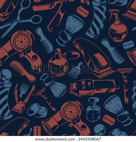 Barber vintage seamless pattern colorful hairdryers to create cool hairstyle and comb near beard brushes and old razors vector illustration