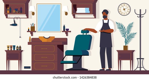 Barber Waiting Client in Barbershop, Gentlemanly Salon for Haircutting. Hipster Grooming Place with Mirror, Beauty Club with Professional Devices. Men Fashion Service Cartoon Flat Vector Illustration