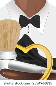 Barber wearing a bow tie is holding a shaving brush and a straight razor, about to shave a customer