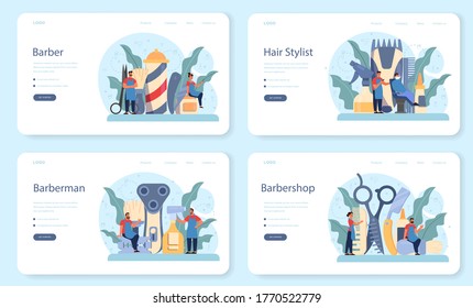 Barber web banner or landing page set. Idea of hair and beard care. Scissors and brush, shampoo and haircut process. Hair treatment and styling. Isolated flat illustration