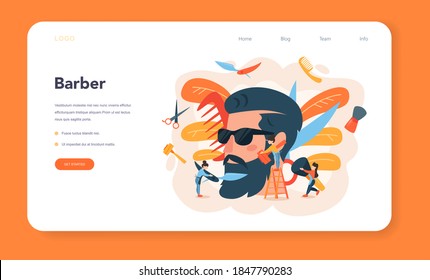 Barber web banner or landing page. Idea of hair and beard care. Scissors and brush, shampoo and haircut process. Hair treatment and styling. Isolated flat illustration
