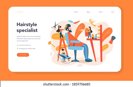 Barber web banner or landing page. Idea of hair and beard care. Scissors and brush, shampoo and haircut process. Hair treatment and styling. Isolated flat illustration