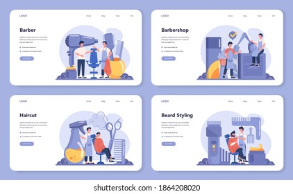 Barber web banner or landing page set. Idea of hair and beard care. Scissors and brush, shampoo and haircut process. Hair treatment and styling. Isolated flat illustration