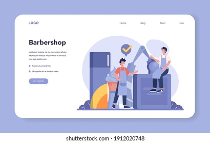 Barber web banner or landing page. Idea of hair and beard care. Scissors and brush, shampoo and haircut process. Hair treatment and styling. Isolated flat illustration