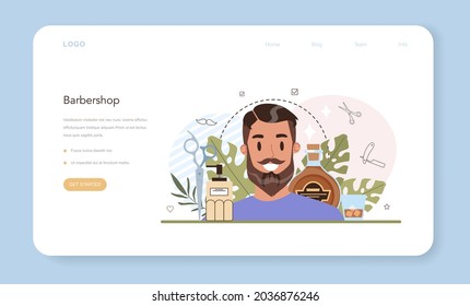 Barber web banner or landing page. Idea of hair and beard care. Scissors and brush, shampoo and haircut process. Men' hair treatment and styling. Isolated flat illustration