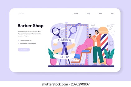 Barber web banner or landing page. Idea of hair and beard care. Hair cutting process and hair dressing in salon. Men' hair treatment and styling. Isolated flat illustration
