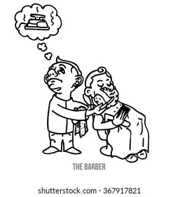 A barber while working remembers he forgot a plugged iron at his house