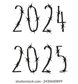 Barber Wire 2025 2024 number. Razor Wire New Year numbers isolated white background. Brutal design 2025. Vector illustration can used web design card cover. EPS 10