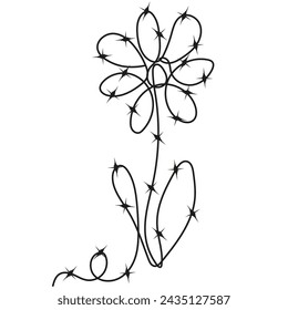 Barber Wire summer Flower in trendy One Line style. Geometrical Razor Wire daisy isolated white background. Brutal design t-shirt print. Vector illustration can used web design. EPS 10