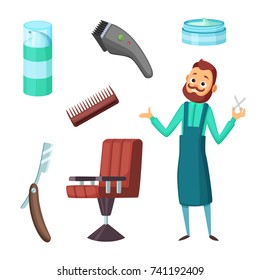 Barber at work and different illustrations of barbershop tools. Vector collection in cartoon style. Hairdresser man, professional tools and equipment scissors comb