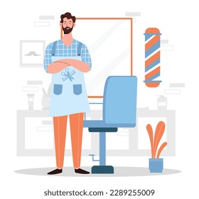Barber at workplace concept. Man with scissors stands near chair and mirror. Stylist and hairdresser at barbershop. Hair treatment and styling