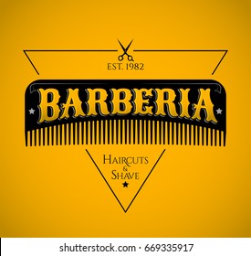 Barberia, Barbershop spanish text, vector emblem design with hair comb