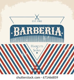 Barberia, Barbershop spanish text, vector emblem design with hair comb