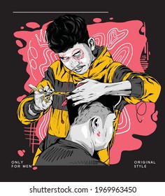 the barberman illustration on the dark background