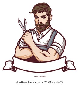 Barberman mascot logo Holding Scissors and wearing an apron. Cartoon Vector Icon Illustration people business Isolated