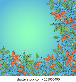 Barberry berries. place for text. Use as greeting card. Turquoise backdround