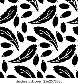 barberry pattern, leaves and berries. Culinary herbs and spices, hand-drawn. Seamless seasoning. Seamless texture in black silhouette on a white background. Seasonings, spices, and food additives