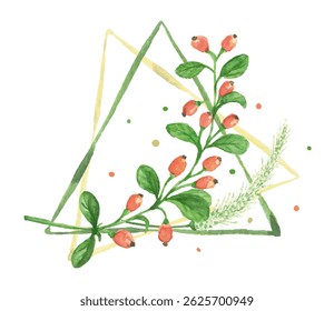 Barberry and Plantain Watercolor Logo. Herbs in the triangle shapes. Vector emblem illustration. Each object is on a separate layer. Isolated on white