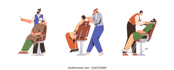 Barbers and clients in chairs set. Hairdressers, hairstylists of barbershop caring, cutting hairs, doing hairstyles, grooming beard of men. Flat vector illustrations isolated on white background