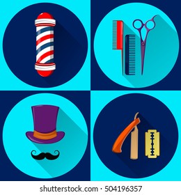 Barber's equipment and symbols. Barbershop. Set of vector flat icons.