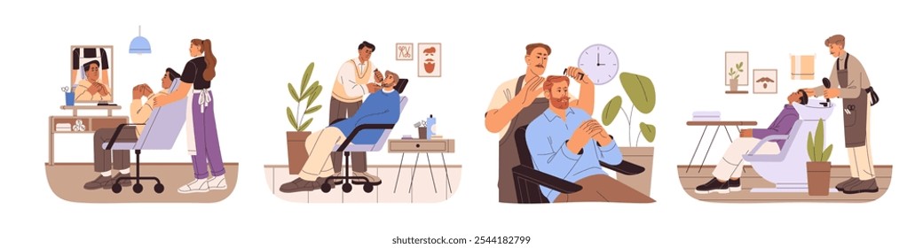 Barbeiros preparando barba, bigode, fazer cortes de cabelo para homens set. Cabeleireiros lavar a cabeça, cortar o cabelo, barbear clientes em barbearia. Salão de beleza masculino. Ilustrações de vetor isoladas planas sobre fundo branco