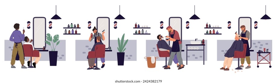 Barbers with male clients. Barbershop salon. Fashionable bearded men cut. Hairstylist shaving customer. Moustache and beard. Hairdresser making haircut. Hairstyles design