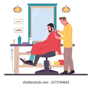 Barberos con clientes hombres. Las peluquerías ofrecen cortes de pelo. Vergonzoso y cortado. Recorte en salón profesional masculino. Hairstylist afeitando el pelo al cliente. Barbería de vectores