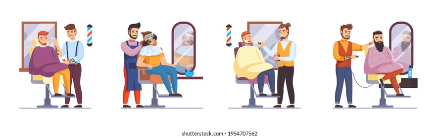 Barbers with men clients. Man in barber shop collection. Hair, mustache and beard care, professional stylist work in salon, hipster beauty industry, guys in mirrors. Vector cartoon set