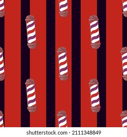 Barber's pole seamless pattern. Barbershop background. Repeated texture in doodle style for fabric, wrapping paper, wallpaper, tissue. Vector illustration.