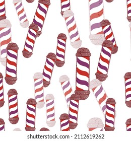 Barber's pole seamless pattern. Barbershop background. Repeated texture in doodle style for fabric, wrapping paper, wallpaper, tissue. Vector illustration.