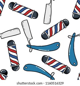 barber's pole and straight razor seamless doodle pattern