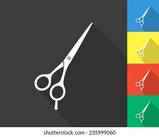 barber's shears scissors icon - gray and colored (blue, yellow, red, green) vector illustration with long shadow