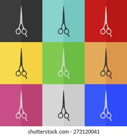 Barber's shears scissors vector icon - colored set. Flat design